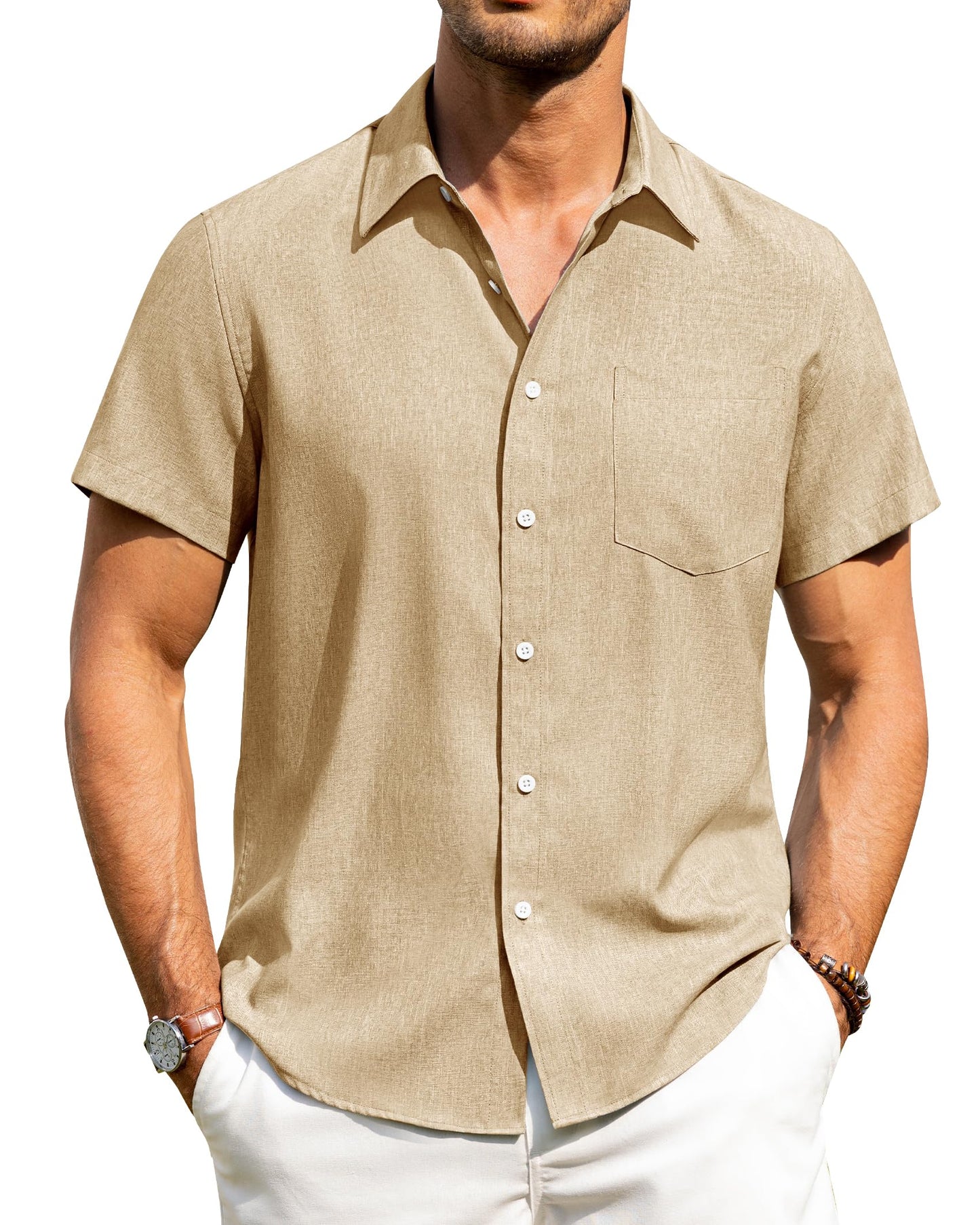HOTAlimens & Gentle Mens Linen Shirts Short Sleeve Button Down Shirts Wrinkle Free Casual Vacation Beach Summer Tops