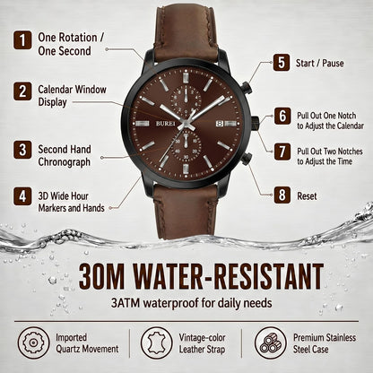HOTBUREI Men's Leather Watches Chronograph Quartz Watches for Men Classic Cool Lightweight Wristwatch,Gift for Dad Husband Boyfriend