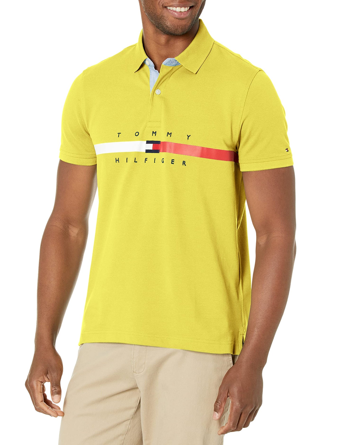 HOTTommy Hilfiger Men's Short Sleeve Cotton Pique Flag Graphic Polo Shirt in Custom Fit