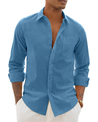 HOTAlimens & Gentle Mens Cotton Linen Textured Shirt Long Sleeve Button Down Shirts Casual Summer Beach Wedding Tops with Pocket