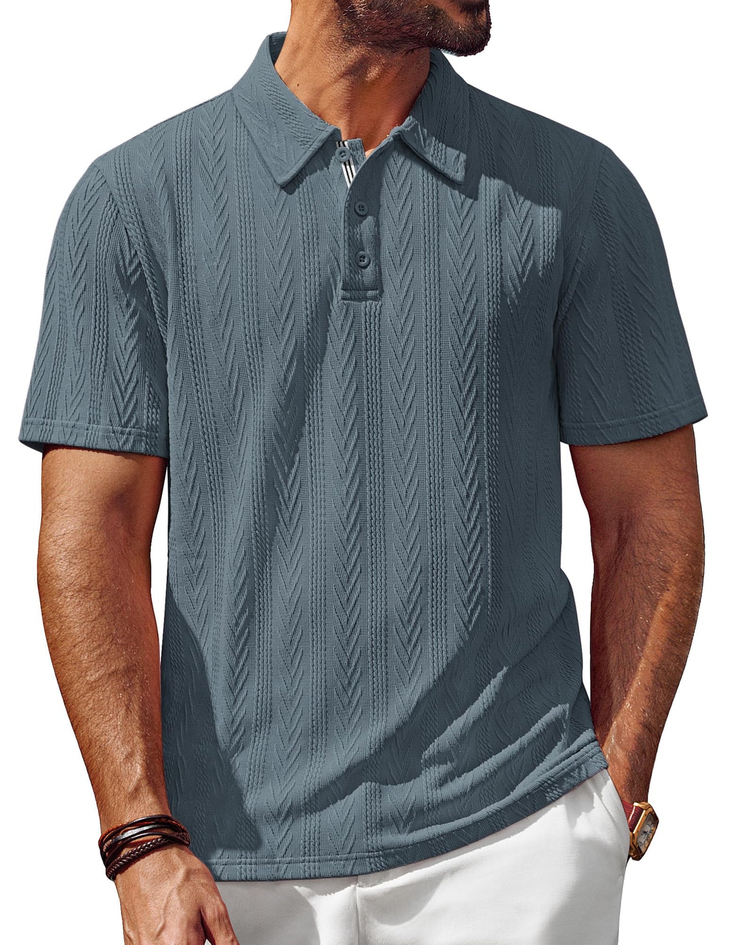 HOTPJ PAUL JONES Mens Polo Shirts Short Sleeve Knit Polo | Textured Knit Polo Shirt, Contrast Striped Placket, Golf Collared, Regular Fit, Stretchy, Wrinkle-free, Breathable, Old Money