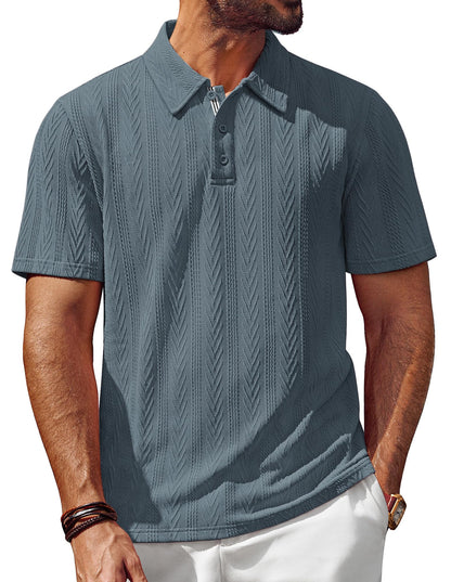 HOTPJ PAUL JONES Mens Polo Shirts Short Sleeve Knit Polo | Textured Knit Polo Shirt, Contrast Striped Placket, Golf Collared, Regular Fit, Stretchy, Wrinkle-free, Breathable, Old Money