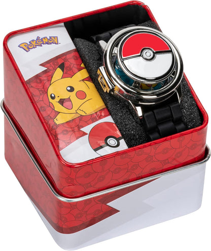 HOTPokémon Spinner Top Analog Watch for Kids – Features Iconic Poké Ball Spinner, Silver Metal Case, Comfortable Silicone Strap, and Pikachu Dial Art, Perfect for Pokémon Fans and Collectors