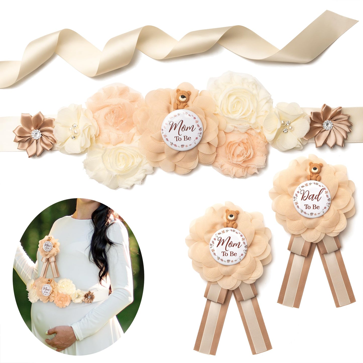 HOTBaby Shower Sash Decorations Mom to Be Corsage Gift Dad to Be Pin 3Pack Set Flower Belt for Maternity Dress - Gender Reveal Pregnancy Photo Props