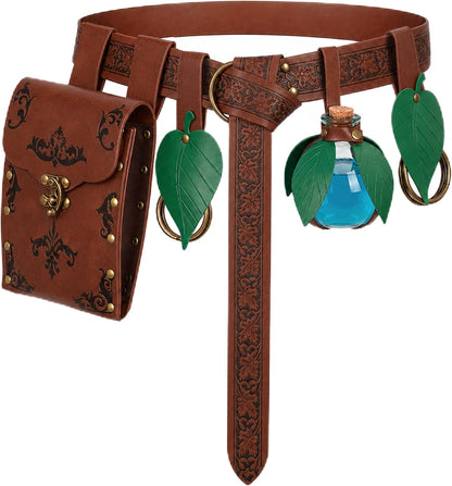 HOT5 PCS Renaissance Accessories-Medieval Potion Belt Set | Medieval Fantasy Style, Forest Leaf Accents, Ranger, Elf, Witch, Pirate, Viking,Renaissance Accessories,Ren Faire Accessories