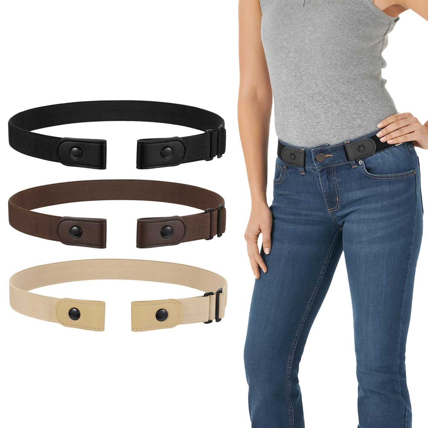 HOTWERFORU 3 Pack 4 Pack No Buckle Invisible Stretch Belt Buckle-Free Elastic Belt for Women and Men