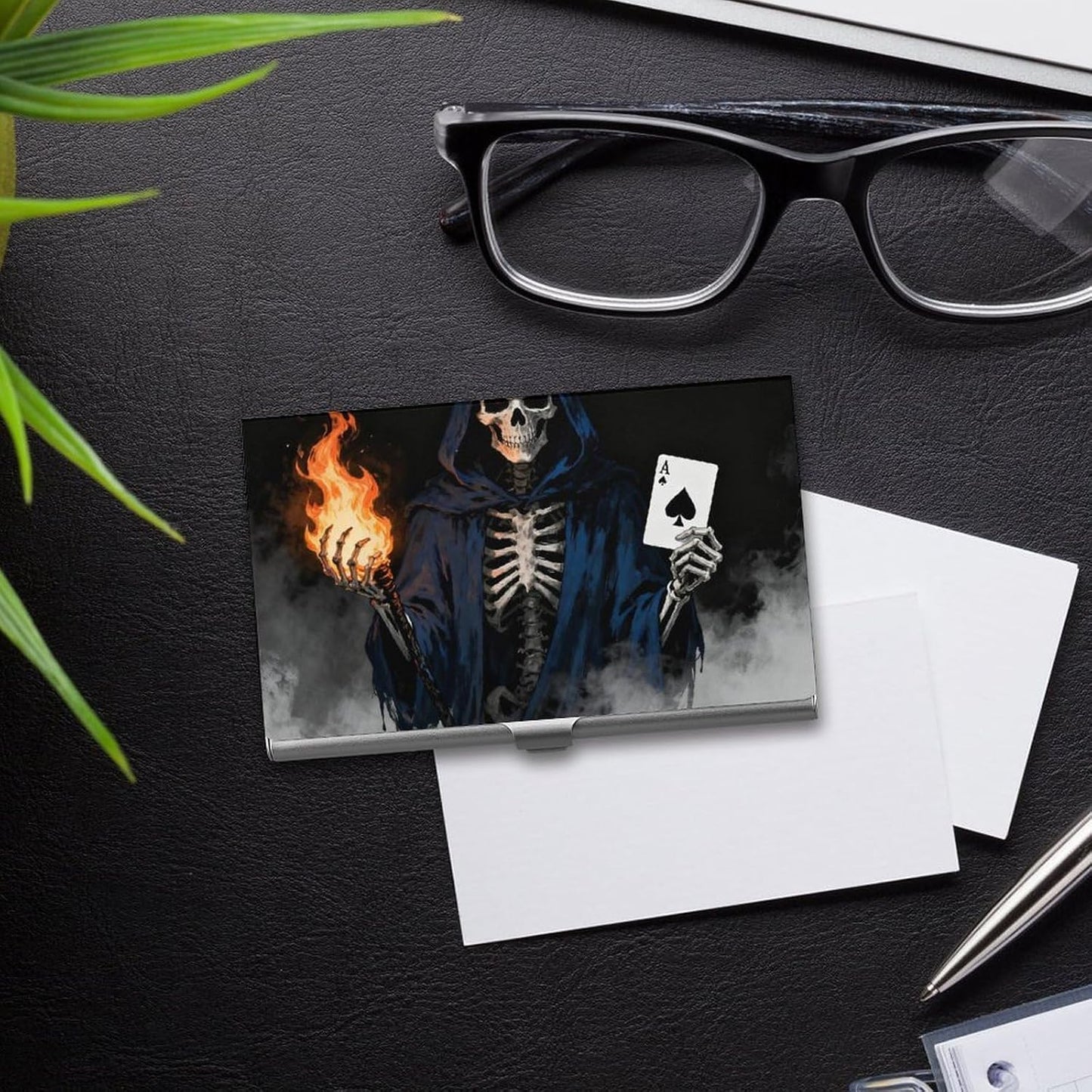HOTBusiness Card Holder Case Slim, Aluminum Alloy, Credit Card Organizer Skeleton Skull Spades Ace Game Over for Men Women