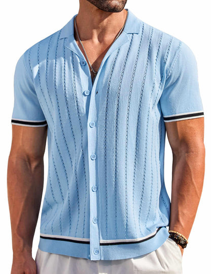 HOTCOOFANDY Men's Short Sleeve Knit Shirt Casual Button Down Shirt Vintage Striped Knitted Golf Beach Tops
