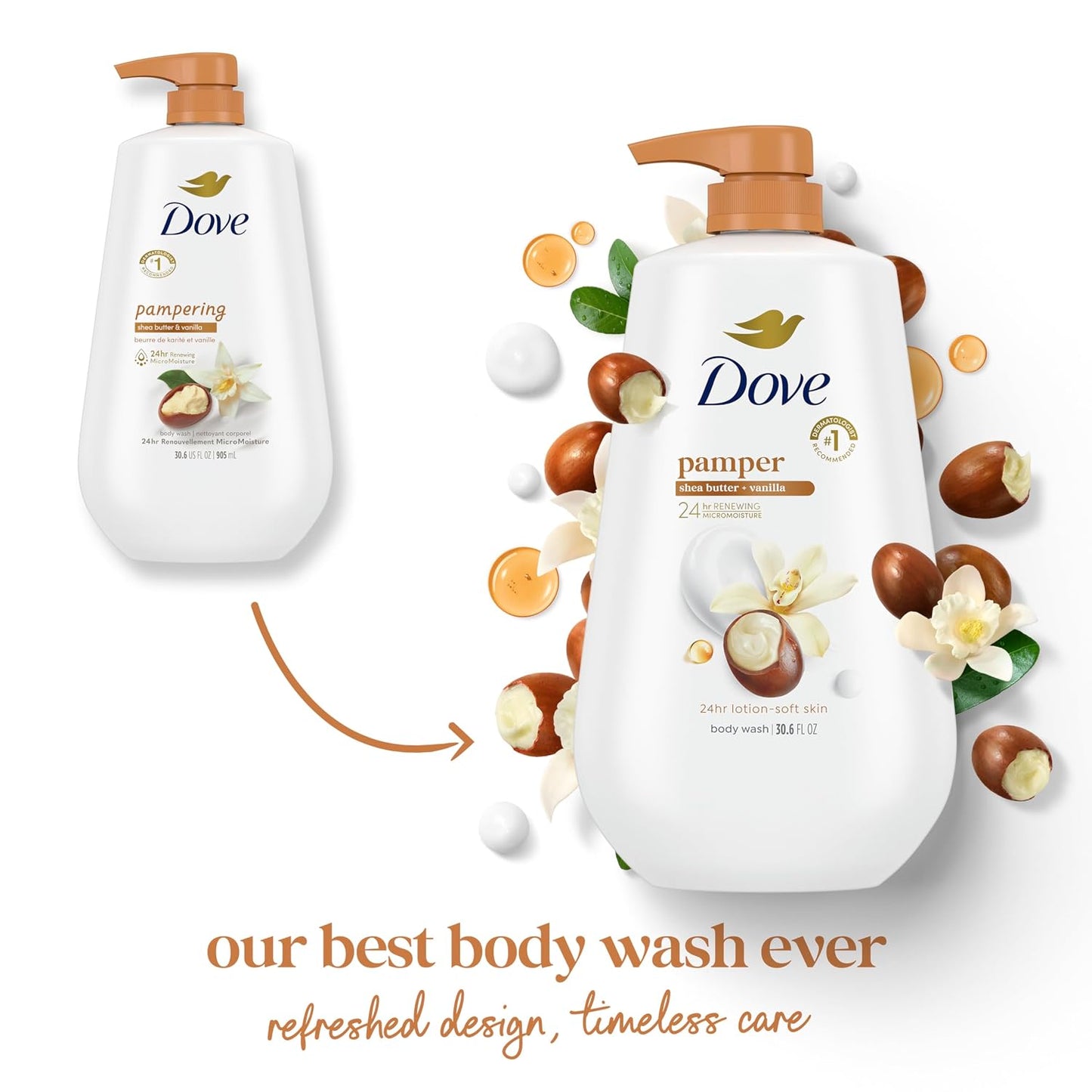 HOTDove 24hr Lotion Body Wash Pamper Shea Butter & Vanilla, 30.6 oz | Moisturizing body wash with MicroMoisture for 24-hour hydration and lotion-soft skin