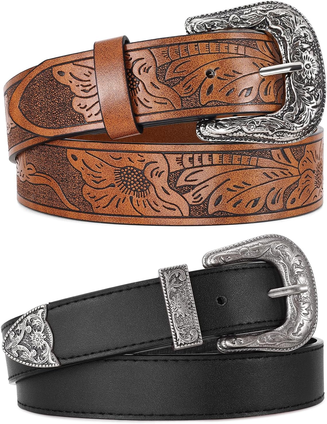 HOTWERFORU 2 Pack Women Western Leather Belts for Jeans Western Belts with Big Buckle Country Belts for Cowgirls