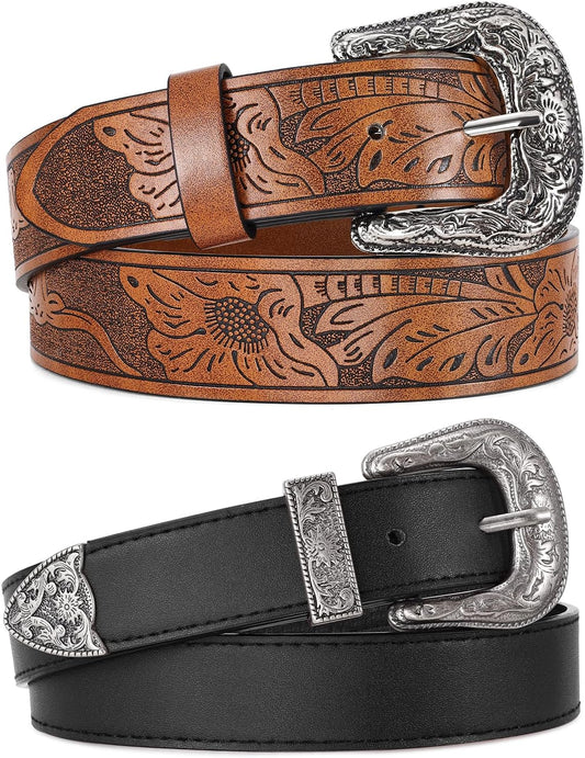 HOTWERFORU 2 Pack Women Western Leather Belts for Jeans Western Belts with Big Buckle Country Belts for Cowgirls