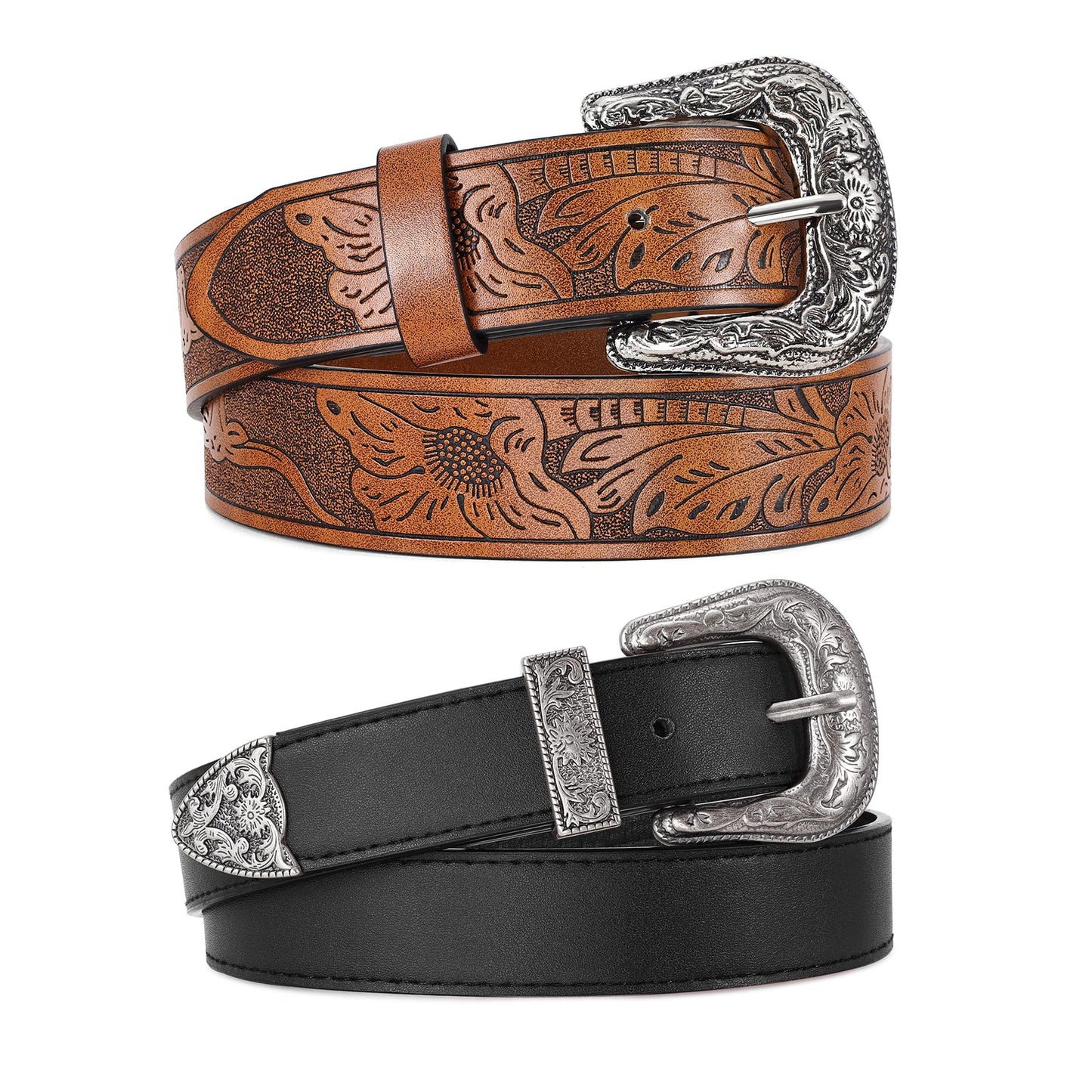 HOTWERFORU 2 Pack Women Western Leather Belts for Jeans Western Belts with Big Buckle Country Belts for Cowgirls