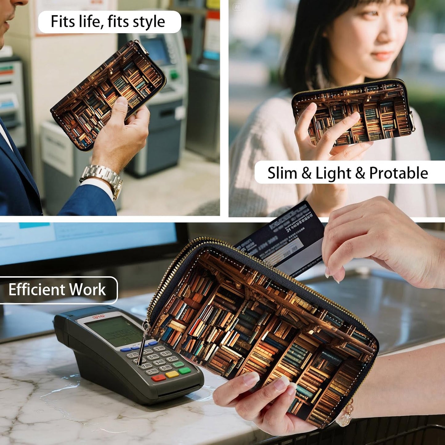 HOTWomens Wallet, RFID Wristlet Wallet for Women, Cute Ladies Purse, Large Credit Card Clutch Purse, Leather Card Holder Wallets with Zipper & Phone Holder,Vintage Books on Bookshelf