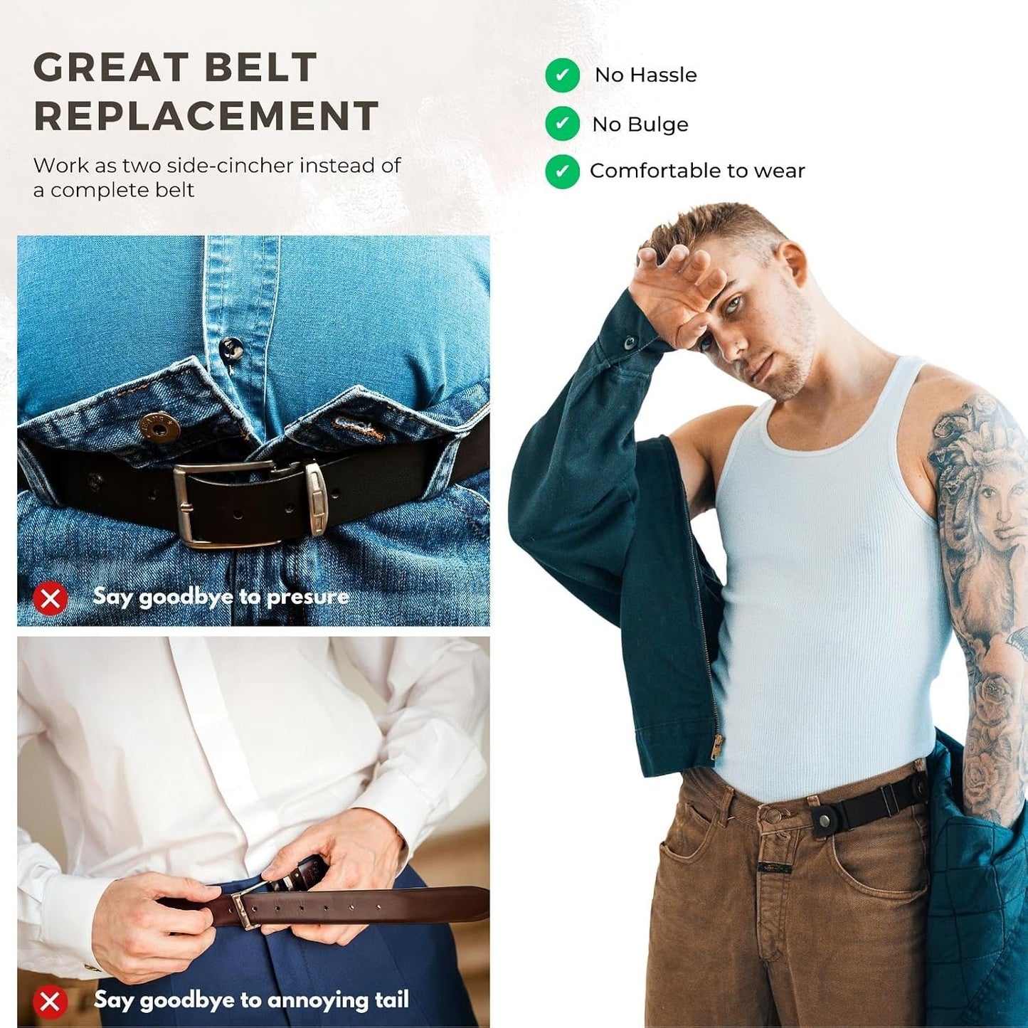 HOTBELTROAD No Buckle Belts for Men Women Side Belt without Buckle Elastic Stretch Adjustable Invisible Belt