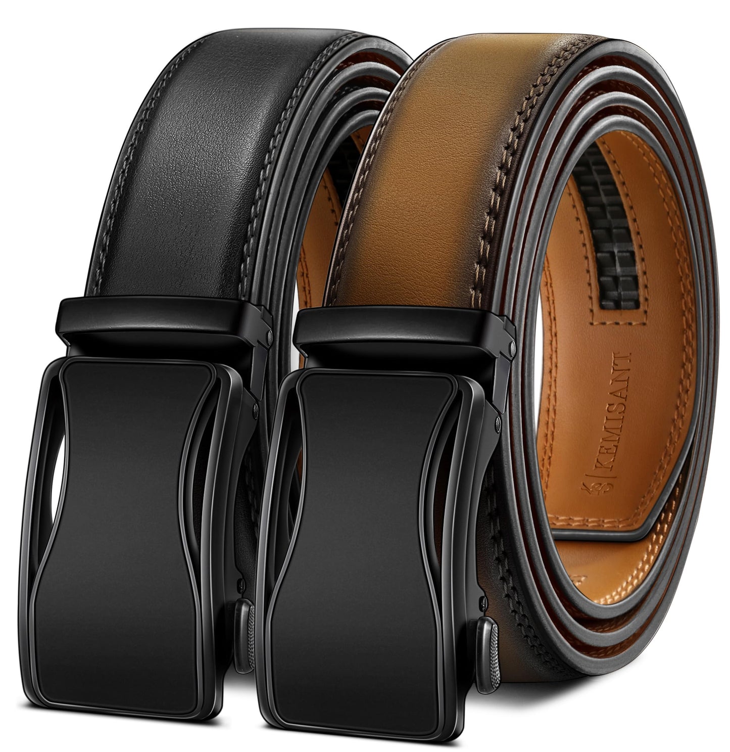 HOTKEMISANT Men's Ratchet Leather Belt 2Pack-Trimmable 1 3/8“-Gift Boxed | Smooth Sliding | Micro Adjustable Fit | Tailored Size | Holeless Understated Elegance