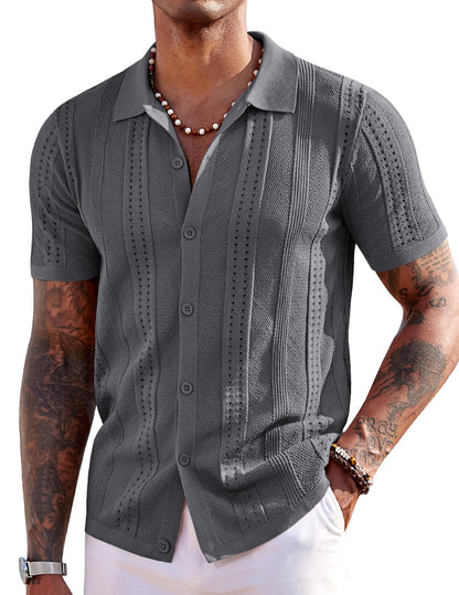 HOTCOOFANDY Men's Knit Shirts Short Sleeve Button Down Polo Shirt Fashion Casual Summer Beach Shirts