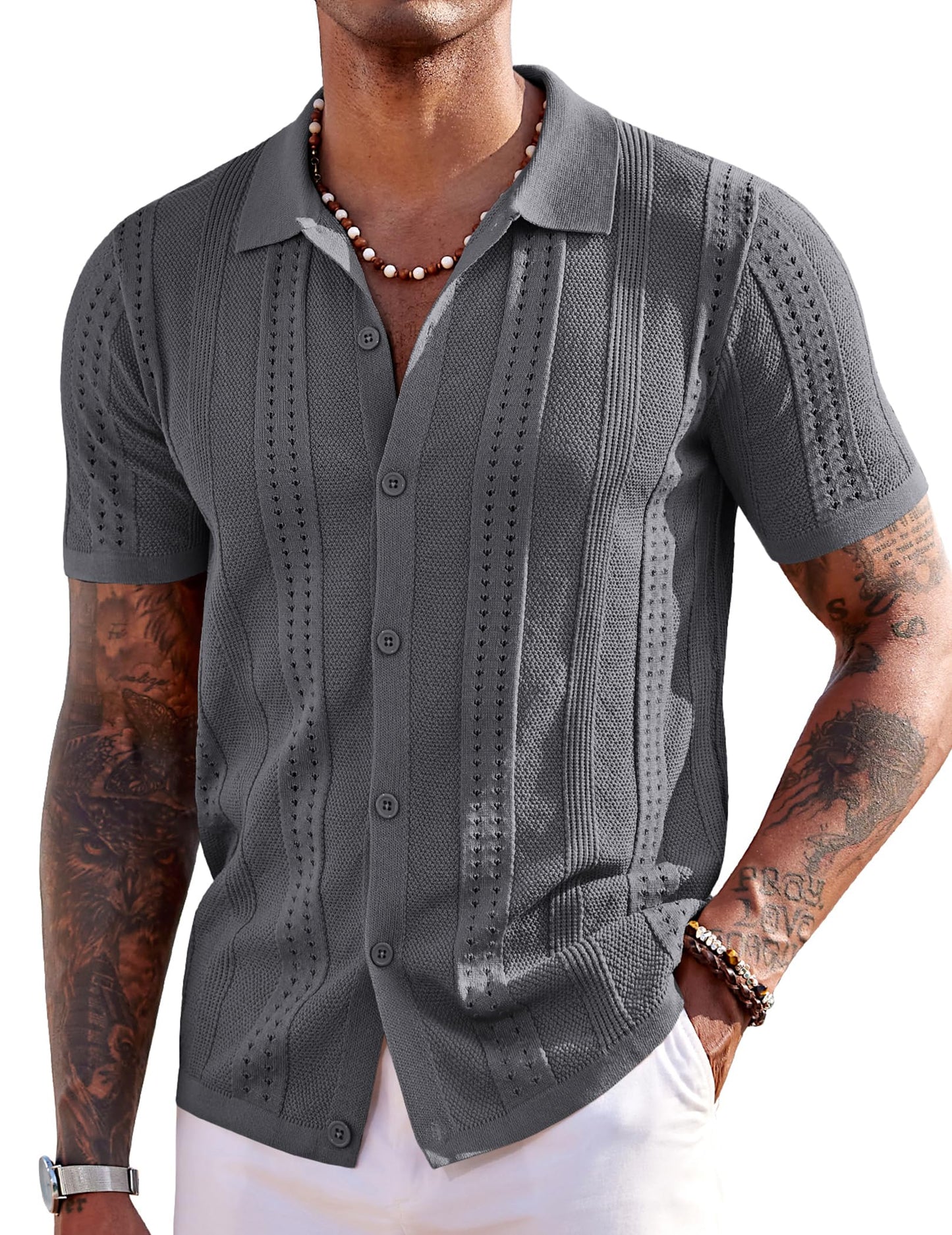HOTCOOFANDY Men's Knit Shirts Short Sleeve Button Down Polo Shirt Fashion Casual Summer Beach Shirts