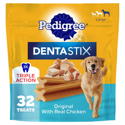 HOTPedigree Dentastix Large Breed Dog Dental Treats, Original, 40 Count | Triple action dental care, reduces tartar, cleans teeth, freshens breath, for dogs 40+ lbs, no added sugar/fillers