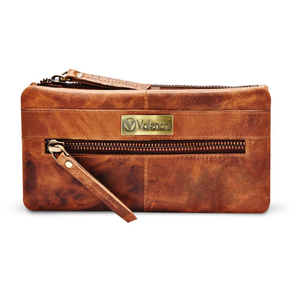 HOTVALENCHI Women's Leather Wallet - RFID Blocking Wallet - Ladies Clutch Hand Purse With Card Holder Slots (Cognac Vintage LW03)