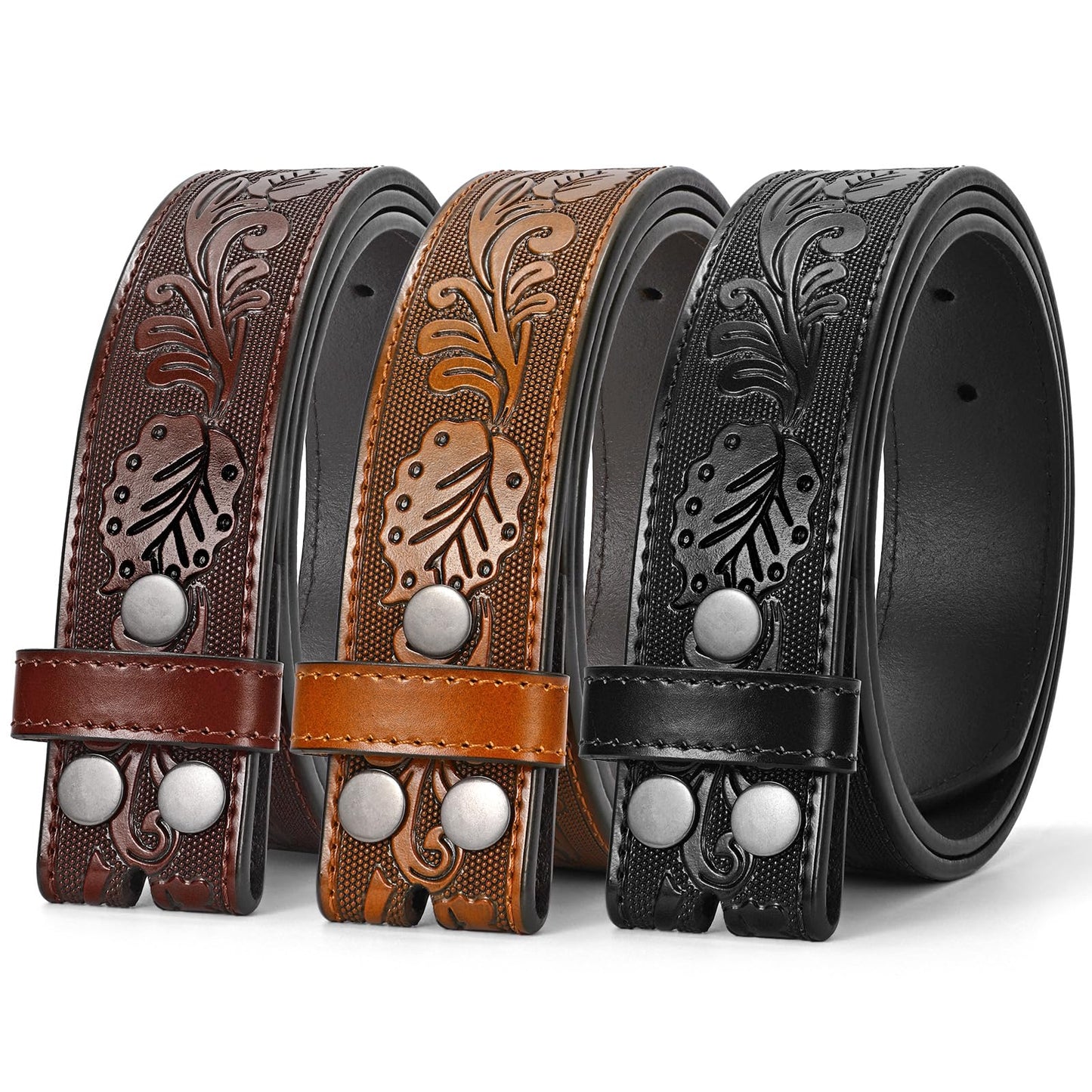HOTSANSTHS 3 Pack Western Belts for Men Woman without Buckle, Cowgirl Cowboy Belt for Buckle Western Leather Belt for Jeans | Embossed Genuine Leather, 1.5" Wide Belt, 3 Snap Buttons, Classic Cowboy Style, for Western buckle Rodeos Costume Party Gifts