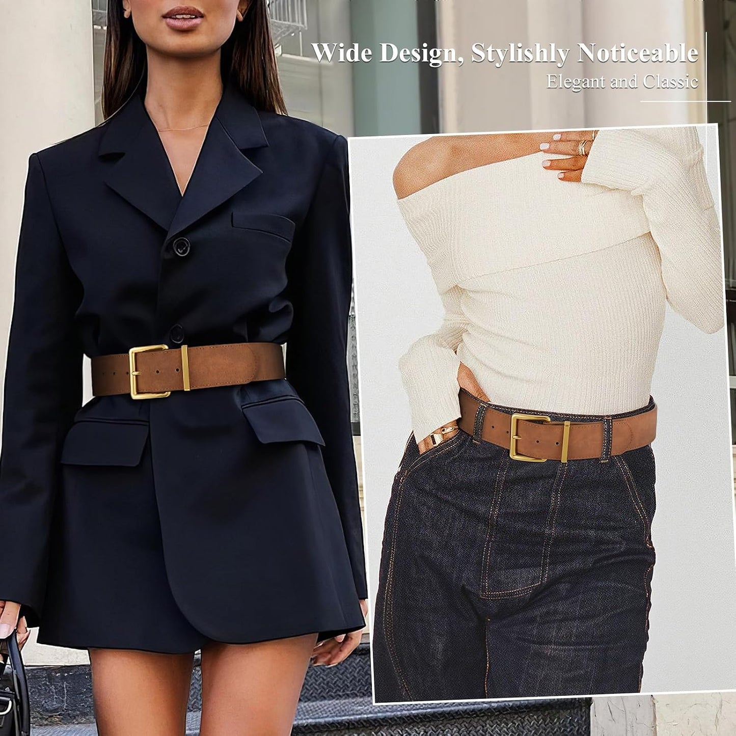 HOTXZQTIVE Women Wide Chunky Belt for Dresses Fashion Thick Suede Belt with Gold Buckle