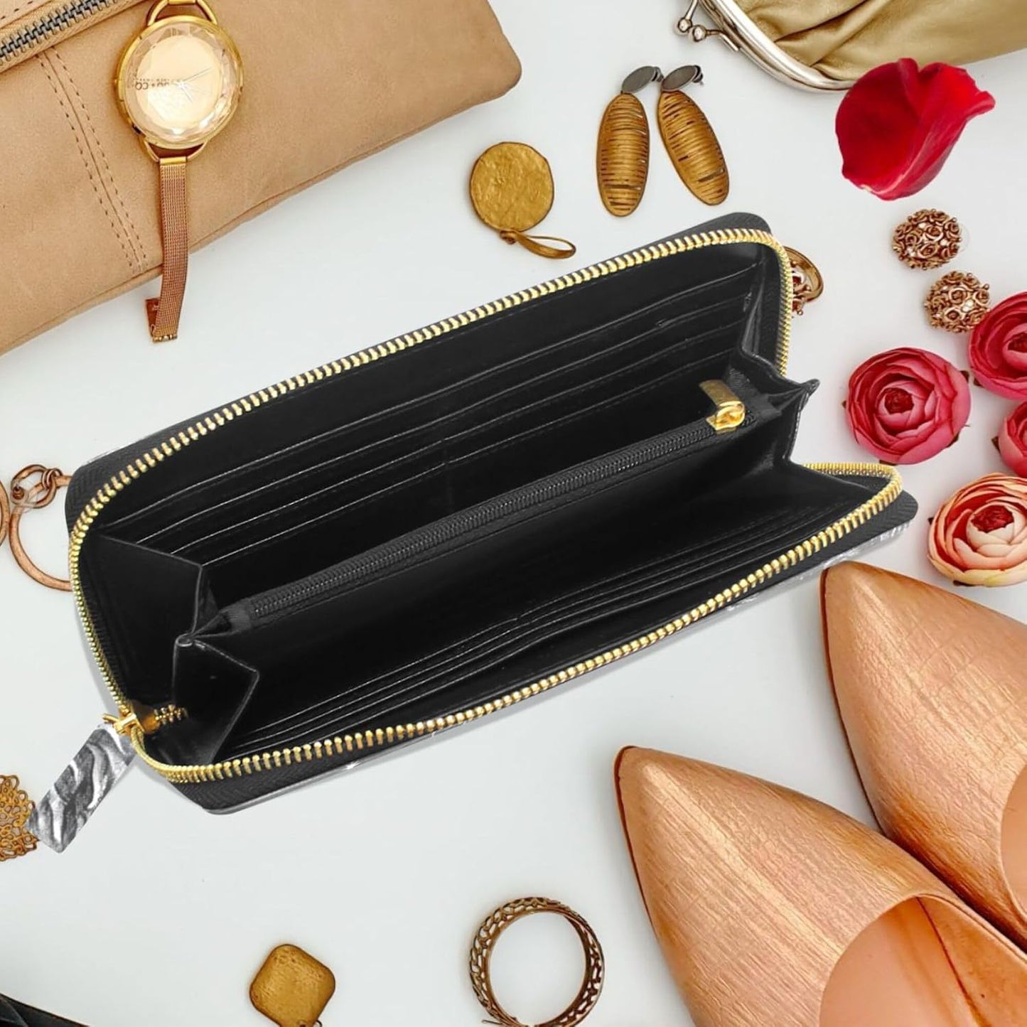 HOTMNSRUU Womens Wallet Purses, Cat Black Clutch Purses for Women RFID Blocking Credit Card Holder Wallet Leather Zipper Coin Purse