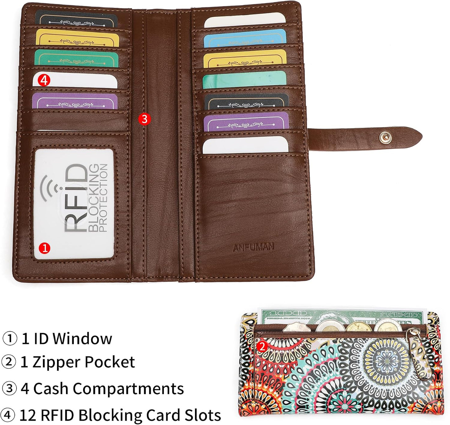 HOTSlim Wallets for Women Credit Card Holder RFID Bifold Clutch Long Ladies Billfold Wallets with Zipper Coin Pocket ID Window Fireworks