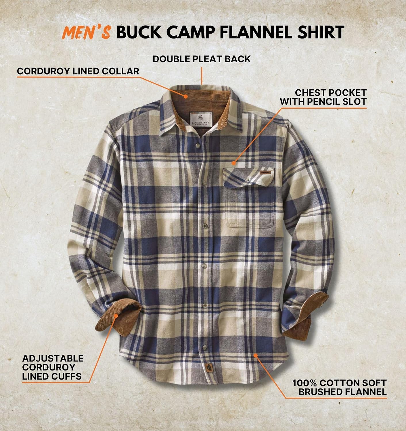 HOTLegendary Whitetails Mens Long Sleeve Button Down 100% Cotton Flannel Shirt
