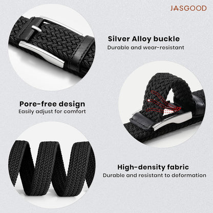 HOTJASGOOD Stretchy Golf Belts for Men, 3-Pack Elastic Braided Belt for Golf Pants Jeans, 1 3/8" Casual Woven Men’s Belt