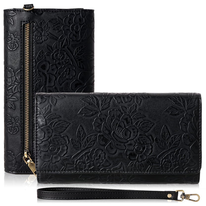 HOTGAEKEAO Wallets for Women Vegan Leather RFID Blocking Card Holder Trifold Ladies Long Purse Wristlet Clutch with 3 ID Windows