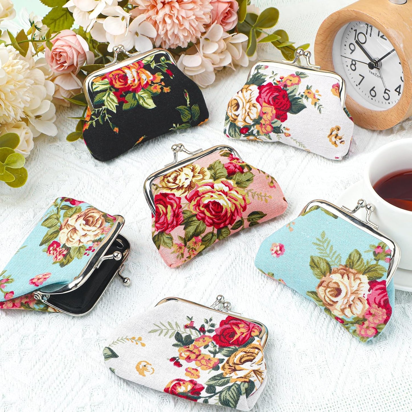 HOT48 Pcs Vintage Canvas Floral Kiss Lock Coin Purses Bulk Rose Flower Change Wallets Gifts for Mother Day Women(4 x 3 Inch)