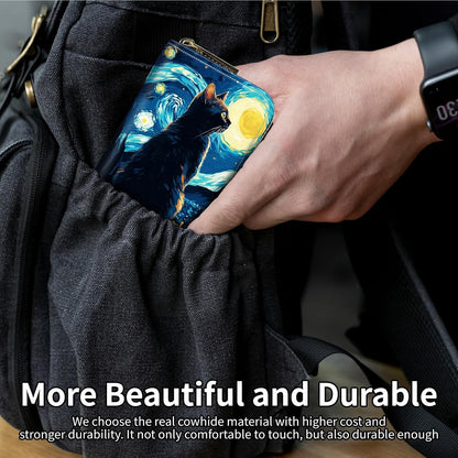 HOTCat On Starry Night Credit Card Holder for Women with Zipper Small Credit Card Wallet PU Leather RFID Blocking Wallet Card Organizer Wallets Accordion Wallets Gift for Women or Men