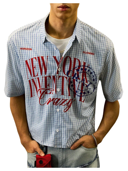 HOTGORGLITTER Men's Striped Button Down Up Cropped T Shirt Short Sleeve Letter Summer Vacation Shirts Boxy Tees Streetwear | Vintage Gingham Shirt, Drop Shoulder Crop Top, Y2K Streetwear, Summer Vacation Clothes
