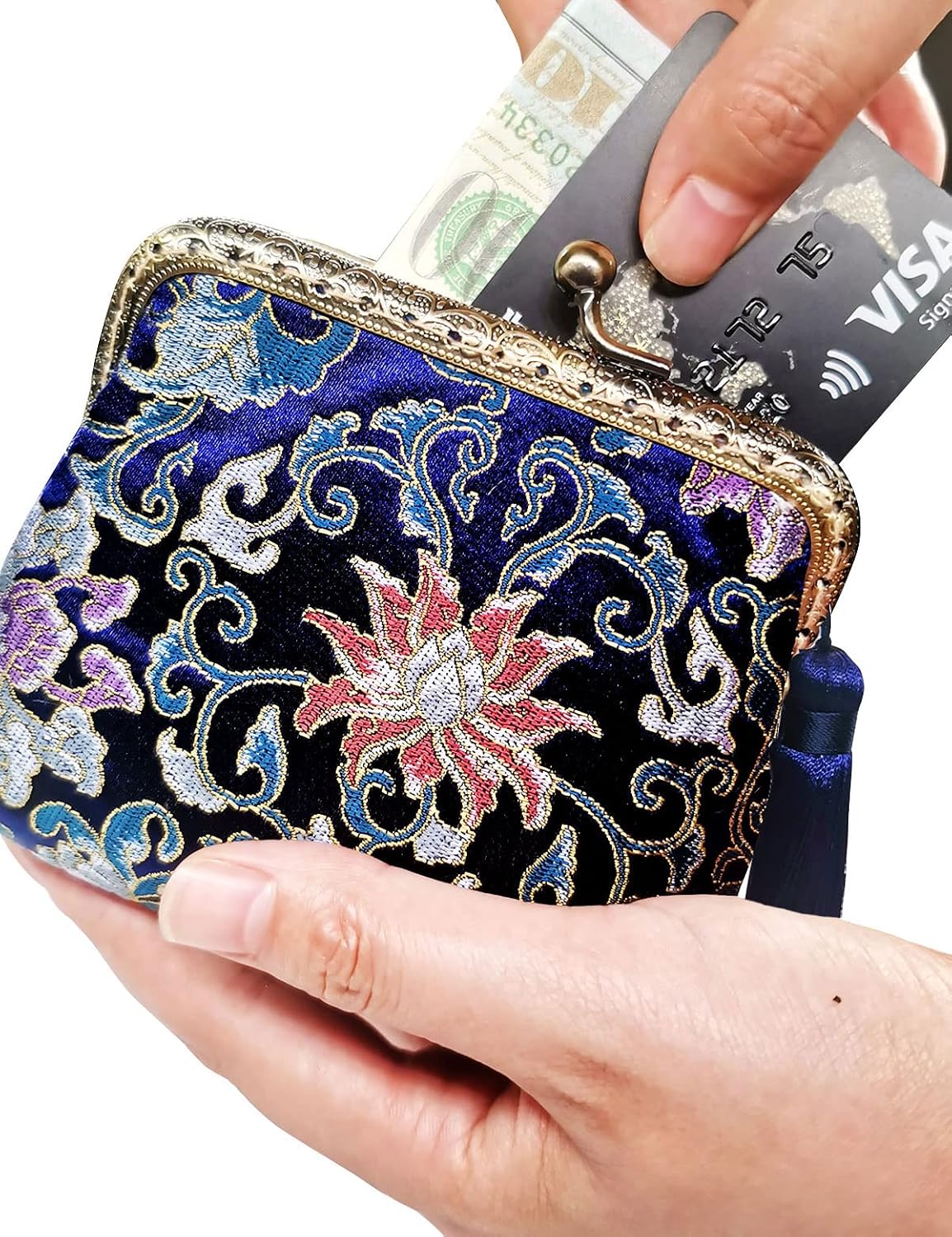 HOTVintage Brocade Buckle Coin Purse Kiss-lock Wallet for Women(blue)