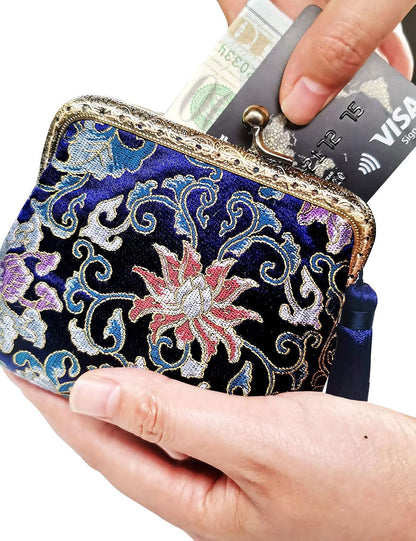 HOTVintage Brocade Buckle Coin Purse Kiss-lock Wallet for Women(blue)