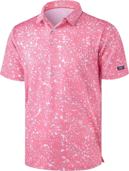 HOTObla Mens Golf Polo Shirts Short Sleeve Dry Fit Performance Moisture Wicking Casual Print Collared Golf Shirts for Men