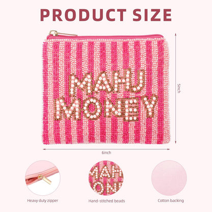 HOTTallew Mahjong Money Beaded Pouch Pink Seed Bead Coin Purse Zipper Mini Card Coin Holder 6 x 5 Inch Mahjong Lover Gift Accessory for Women Table Game Night Cash Travel