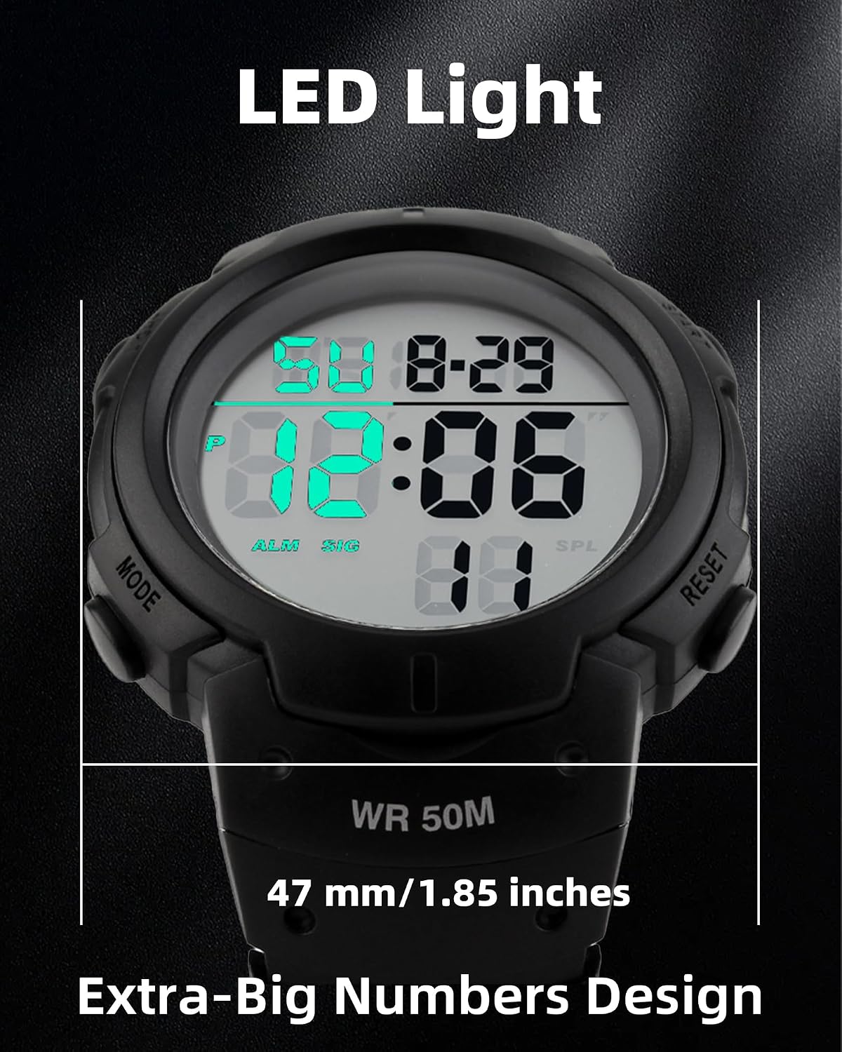 HOTCakCity Men's Digital Sports Watch,50M Water Resistant,50mm Large Face,Stopwatch,Alarm,EL Backlight,Black,Ideal for Sport,Referee,Outdoor Work,Running Training & Daily Wear
