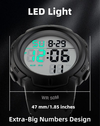 HOTCakCity Men's Digital Sports Watch,50M Water Resistant,50mm Large Face,Stopwatch,Alarm,EL Backlight,Black,Ideal for Sport,Referee,Outdoor Work,Running Training & Daily Wear