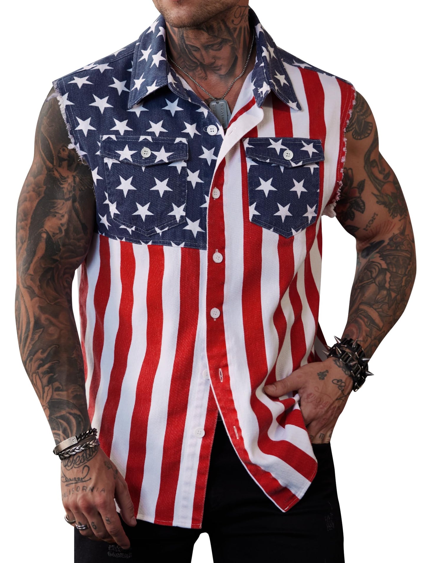 HOTMainfini Men's American Flag Denim Vest 4th of July Sleeveless Jacket With Pockets (S-XXL)