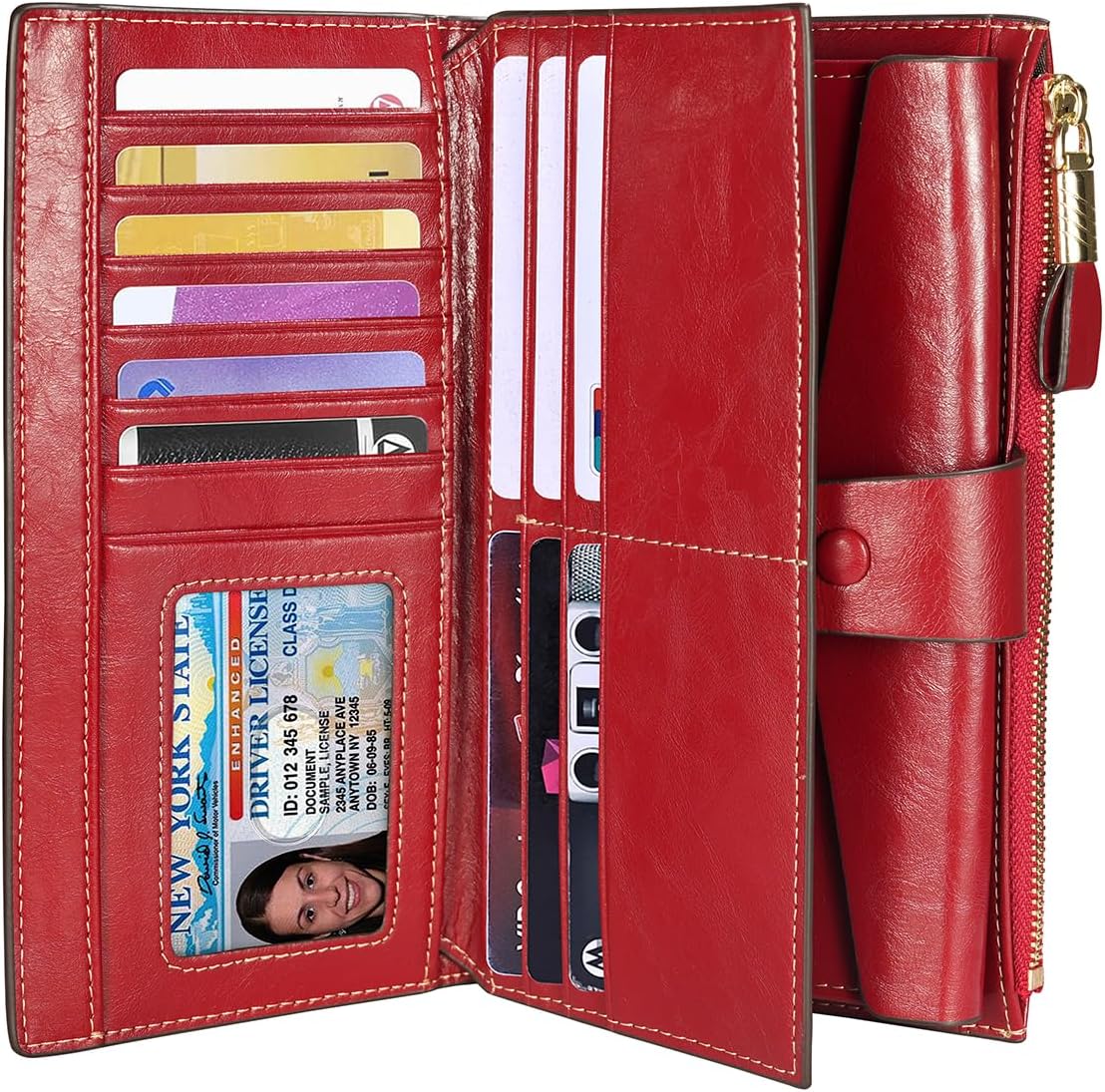 HOTItslife Womens RFID Blocking Large Capacity Luxury Wax Genuine Leather Wallet Clutch Ladies Card Holder, Red