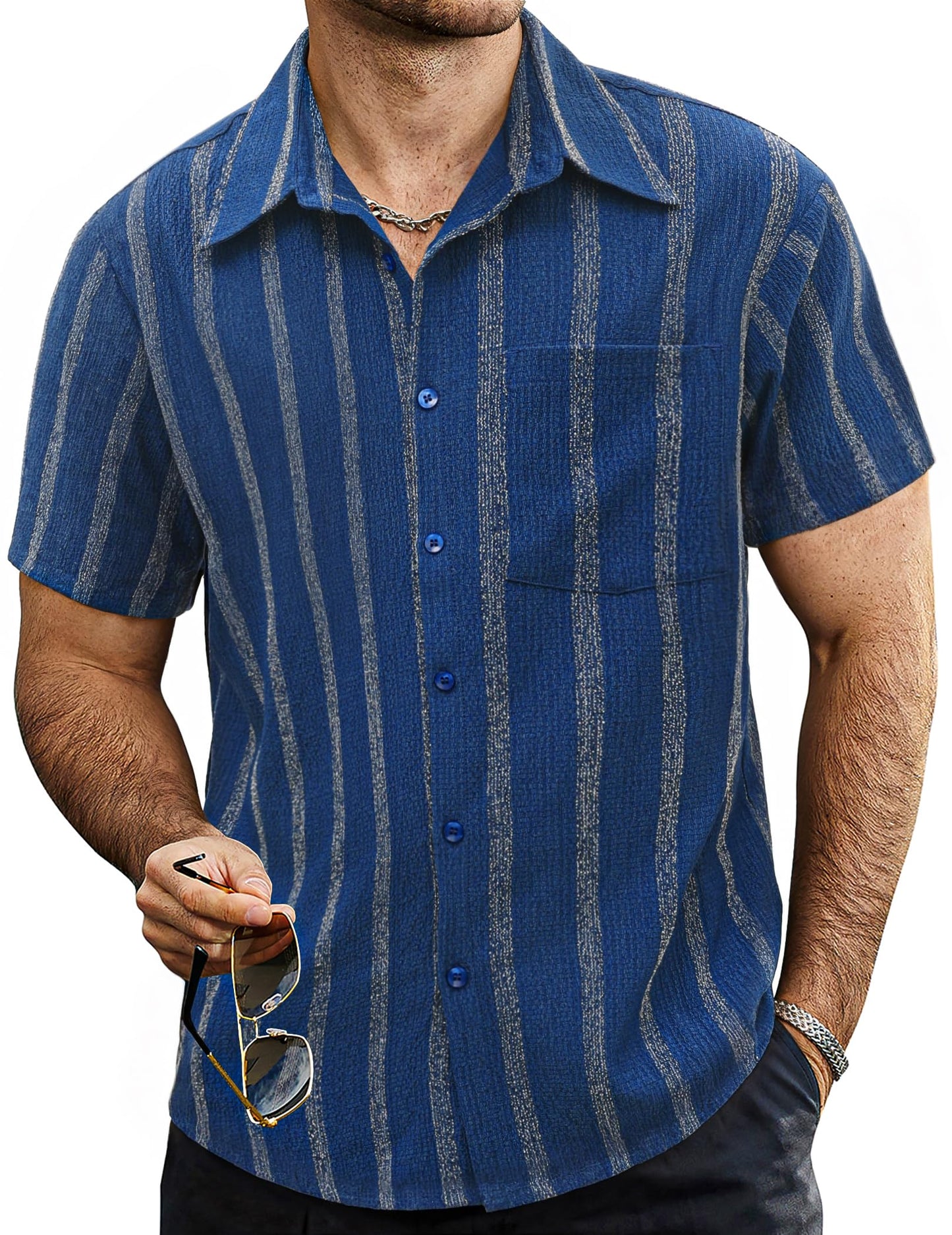 HOTVATPAVE Mens Summer Striped Shirts Button Down Short Sleeve Vintage Beach Hawaiian Shirts with Pocket