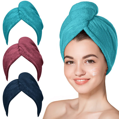 HOTHicober Microfiber Hair Towel Wrap, Fast Drying Hair Towels for Women, Soft Lightweight Quick Dry Turban for Curly & Long Hair–3 Pack(Blue/Grey/Pink)