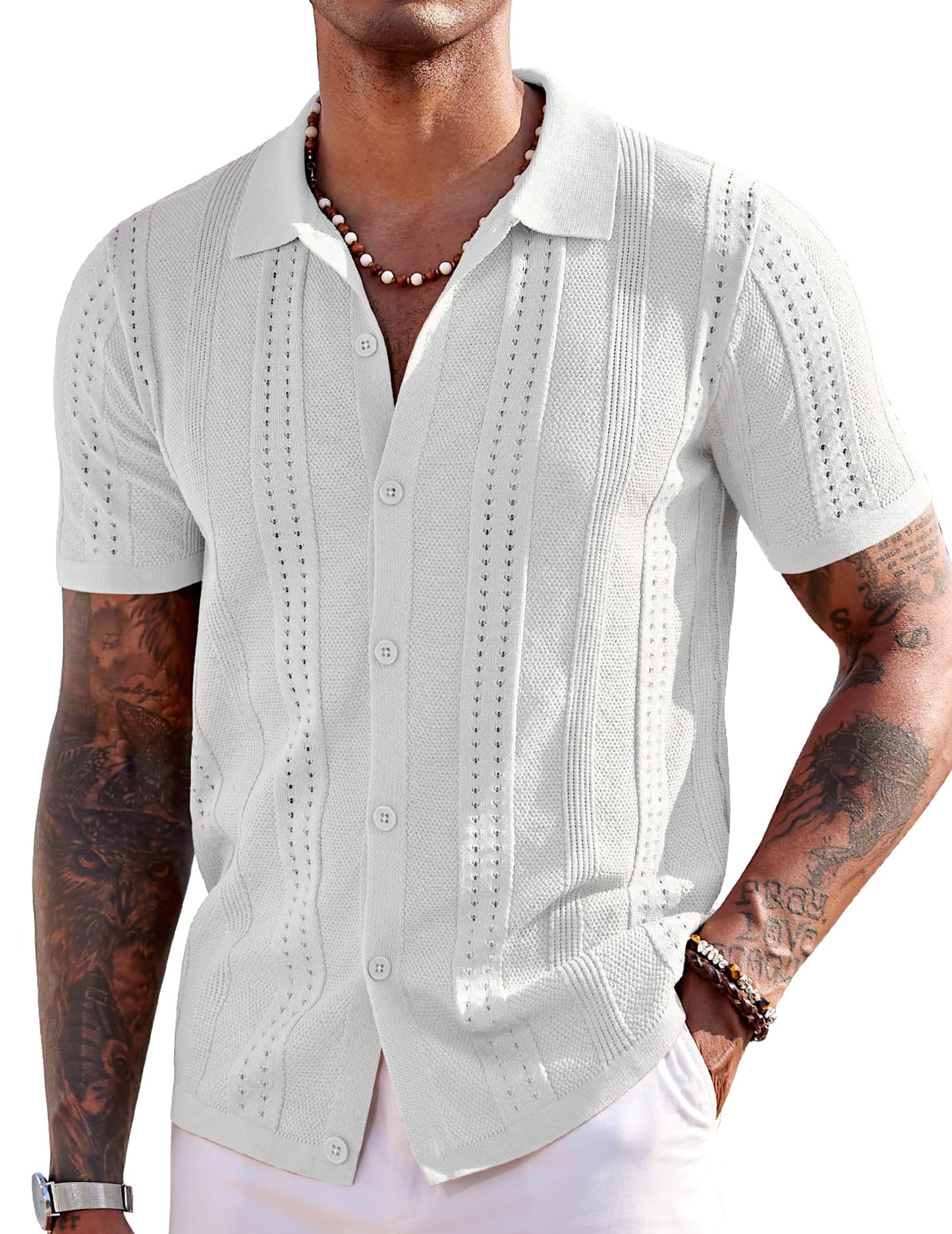 HOTCOOFANDY Men's Knit Shirts Short Sleeve Button Down Polo Shirt Fashion Casual Summer Beach Shirts