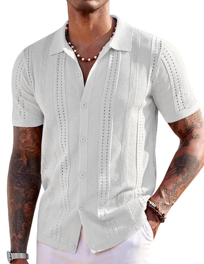 HOTCOOFANDY Men's Knit Shirts Short Sleeve Button Down Polo Shirt Fashion Casual Summer Beach Shirts
