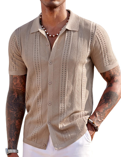HOTCOOFANDY Men's Knit Shirts Short Sleeve Button Down Polo Shirt Fashion Casual Summer Beach Shirts