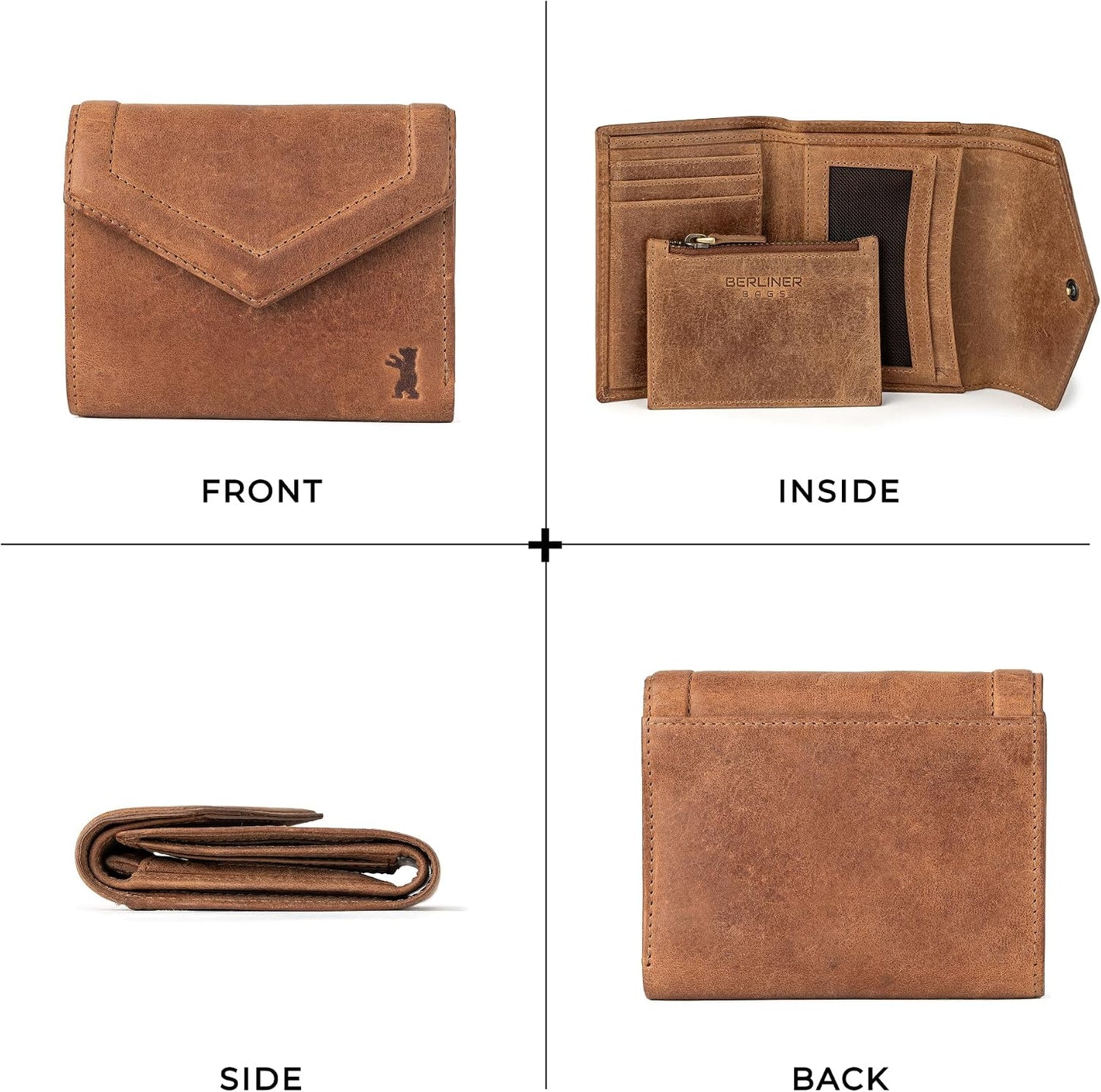 HOTBERLINER BAGS Genuine Leather Small Wallet Women Katy, Gift Box – Brown | Soft Leather Trifold Wallet, Fits Purses & Crossbody Bags, 8 Card Slots, 1 ID Window, Removable Coin Pouch, RFID Blocking