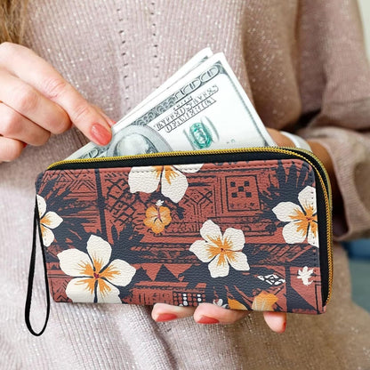 HOTHawaii Totem Flowers PU Leather Ladies Wallet Wristlet, Tropical Hawaiian Tiki Art Zip Around Wallets for Women, Brown Large Capacity Card Holder Organizer