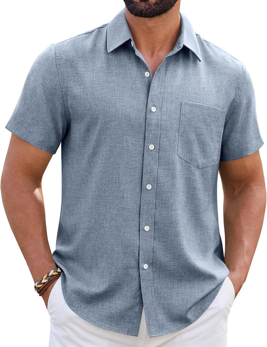 HOTMens Linen Shirt Short Sleeve Wrinkle Free Casual Untucked Button Down Shirts Beach Breathable Tops Summer