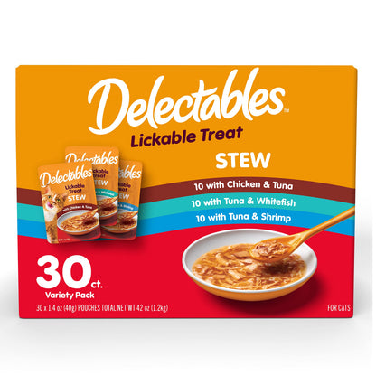 HOTDelectables Lickable Treat Stew Wet Cat Treat Variety Pack, Food Topper, Hydrating, Grain-Free, No Fillers, No By-Products, No Added Preservatives, 1.4oz Pouch, 12ct